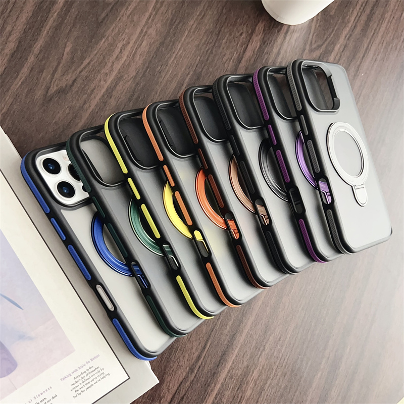 For Magsafe Magnetic Kickstand Stand Matte Case For iPhone 17 air 16 15 14 Plus 13 12 11 Pro Max Transparent Metal Wireless Charge Ring Cover