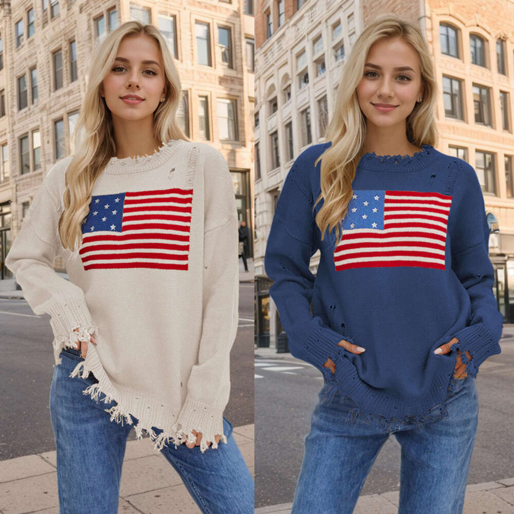 2024 autumn winter new hot selg round neck national flag, European and American Easter Independence Day fashion sweater for women
