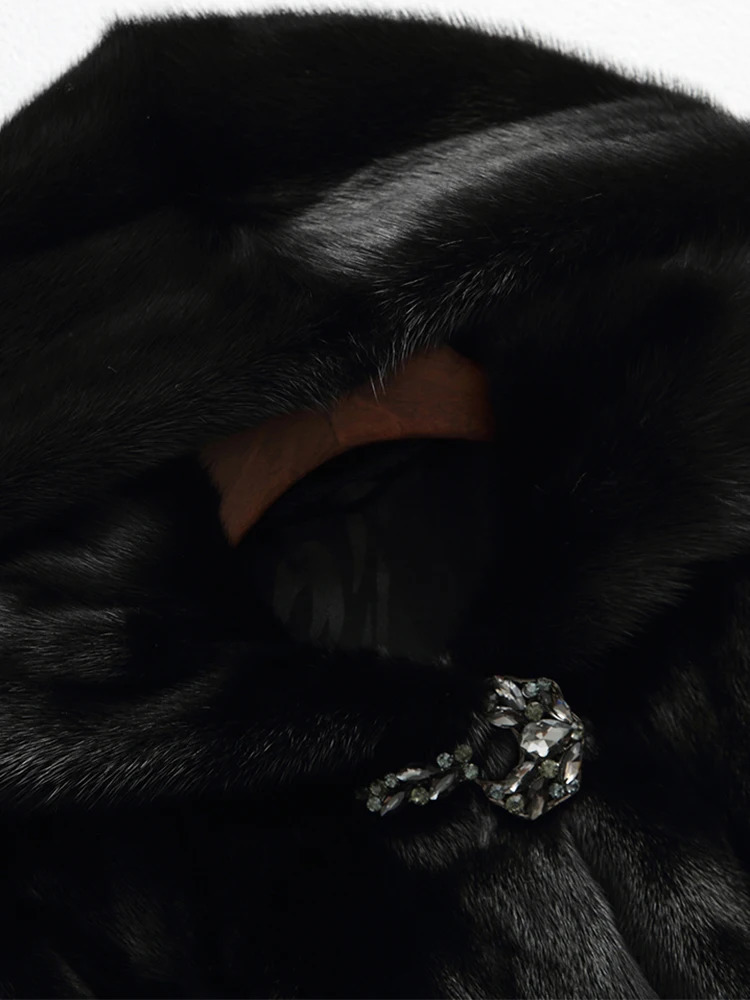 Lautaro Winter y Long Black Faux Mink Fur Coat Women with Hood Sleeve Elegant Thick Warm Fluffy Furry Jacket 6xl 7xl 251110