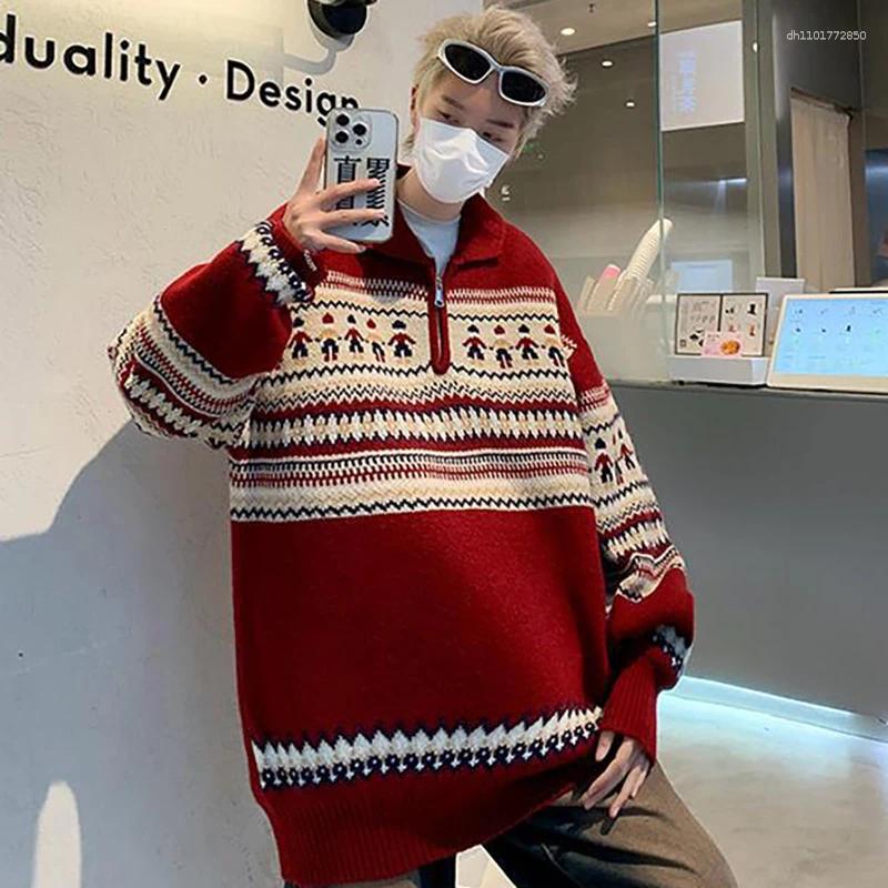 Men's Sweaters Autumn Winter Lapel Zipper Christmas Sweater Knitwear Jumpers Vintage Pattern Personalized Pullover Y2K Male Knit