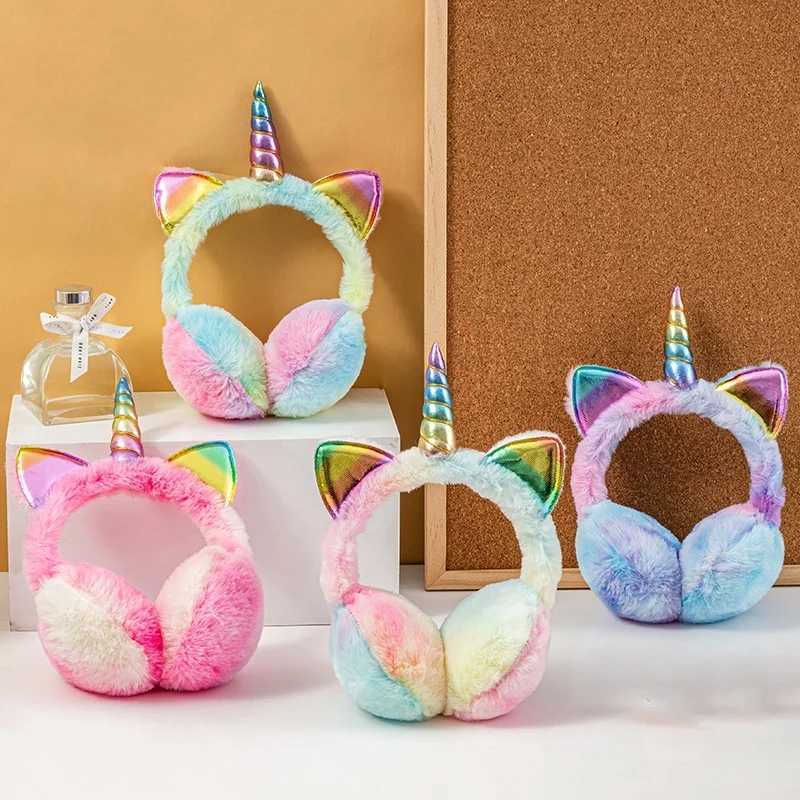 Children Kids Winter Warm Colorful Unicorn Thermal Earmuffs Tie-dye Fur Hat Cat Ears Shape Ski Snow Soft Plush Fluffy Earflap W251110
