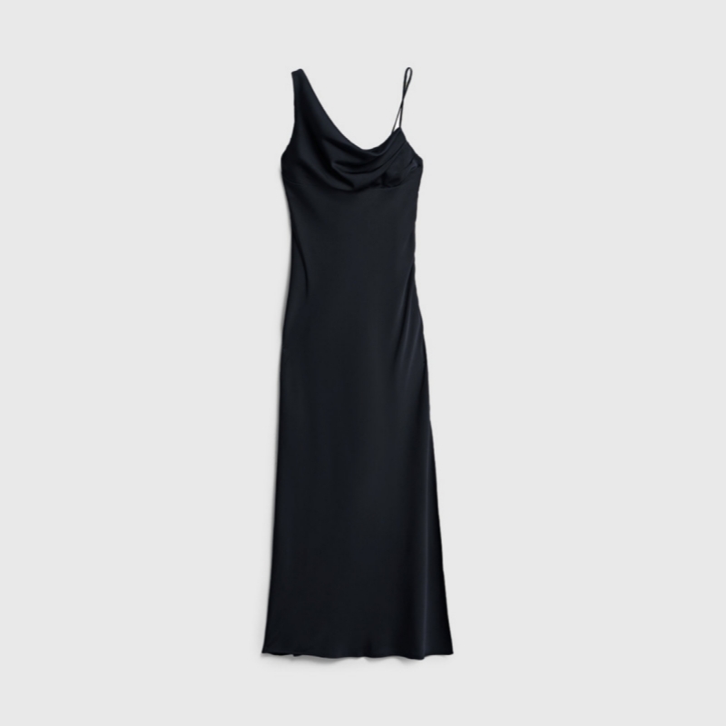Women's Black Asymmetrical Neck Sleeveless Dress, Fitted Maxi Length Hidden Zipper Gown