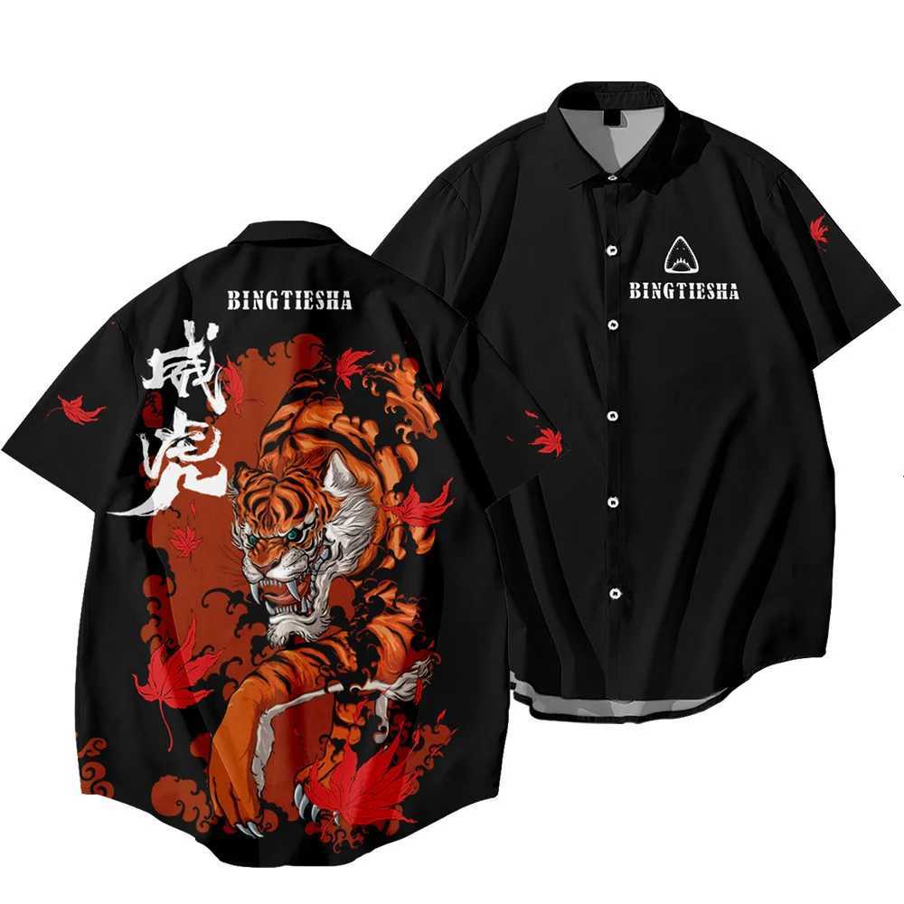 2024 HAWaiian Shirt Mens Harajuku Black Dragon Tiger Printed Ethnic Fashion super Large Ropa Hombre Camisa Corta X250410