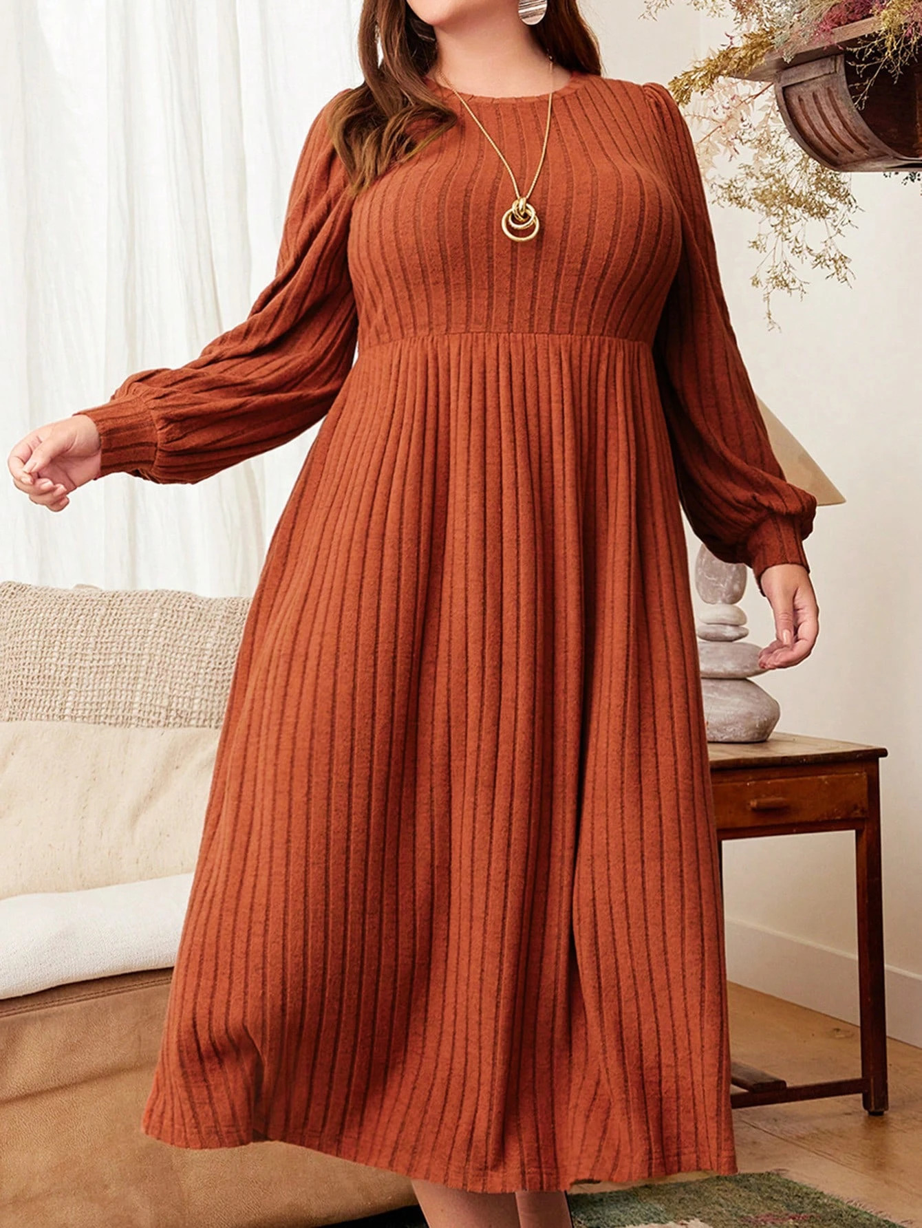 Plus size womens autumn and winter dresses solid color round neck long sleeve dress maxi plus wo 251110