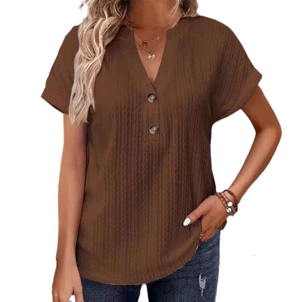 2024 Spring Summer European and American Cross-Border Amazon Independent Station New Women's Fashion Casual Solid Color Button V-Neck T-Shirt for