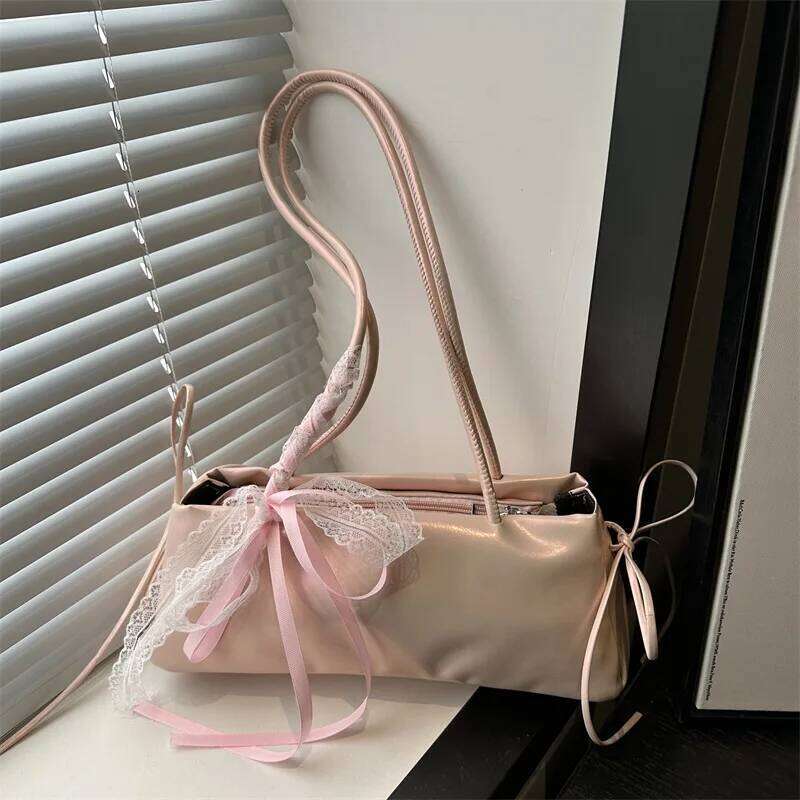 Fashion Bow Lace Ribbons Pu Shoulder Bags For Women Versatile Commuter Ladies Underarm Bag Solid Color Female Handbags Purse