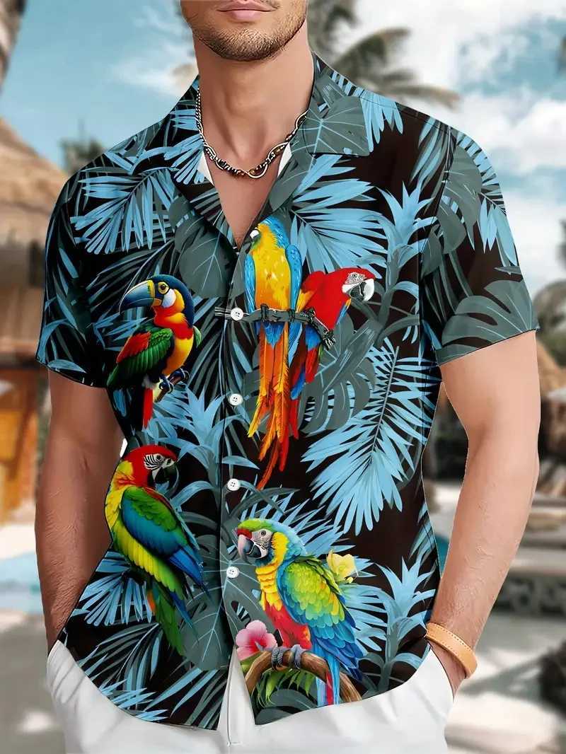 Mens Vitality Parrot Tropical Printed Hawaiian Shirt Casual Short Sleeve Button Beach Shirt Mens Summer Vacation X250410