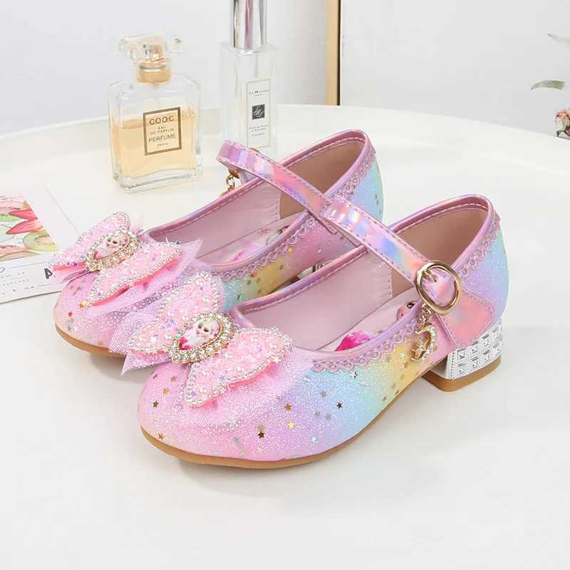 Womens tight shoes childrens high heels princess Elsa girl sparkling rainbow crystal leather pink blue shoes size 23-36 Z250410