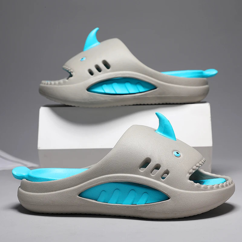 Boys slippers for summer . children wearing non slip soft soled beach shoes. Big boy cartoon shark flip cover 250409