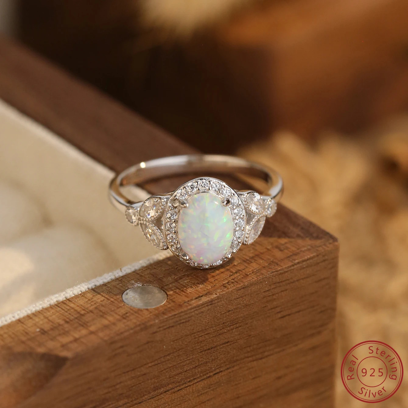 925 sterling silver womens ring with sparkling white opal and zircon elegant style suitable for engagement or couple dates 250407