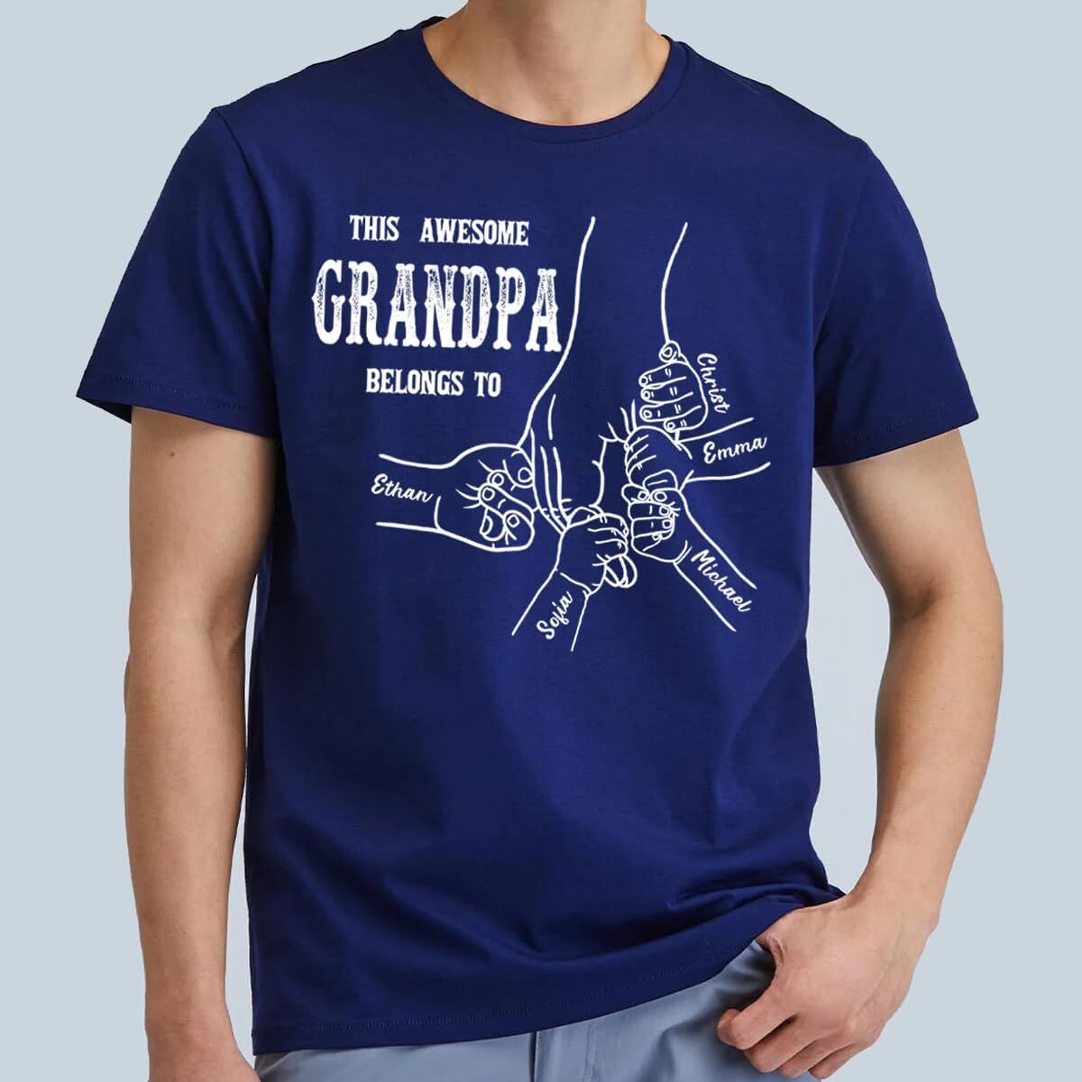 T shirt for Mens Personalized Grandpa Shirt Hand and Grandkids Name, This Awesome Dad Belongs to Shirt Fathers Day, Christmas Tee Casual Tops Clothes 