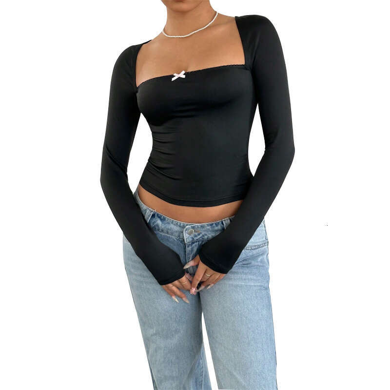Rui Chuo Cross-Border Independent Station European and American Sexy Square Neck Long Sleeve T-Shirt Autumn Foreign Trade Slim Pullover Top Base Layer