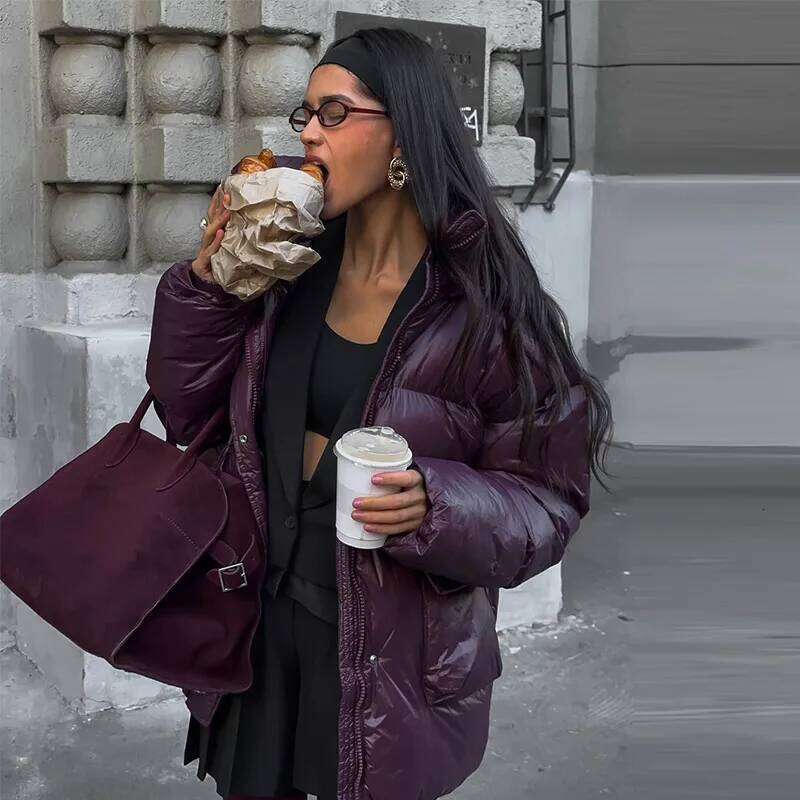 Elegant Burgundy Women Padded Cotton Jackets Stand Collar Long Sleeve Zipper Pockets Warm Coats Autumn Winter Lady Streetwear