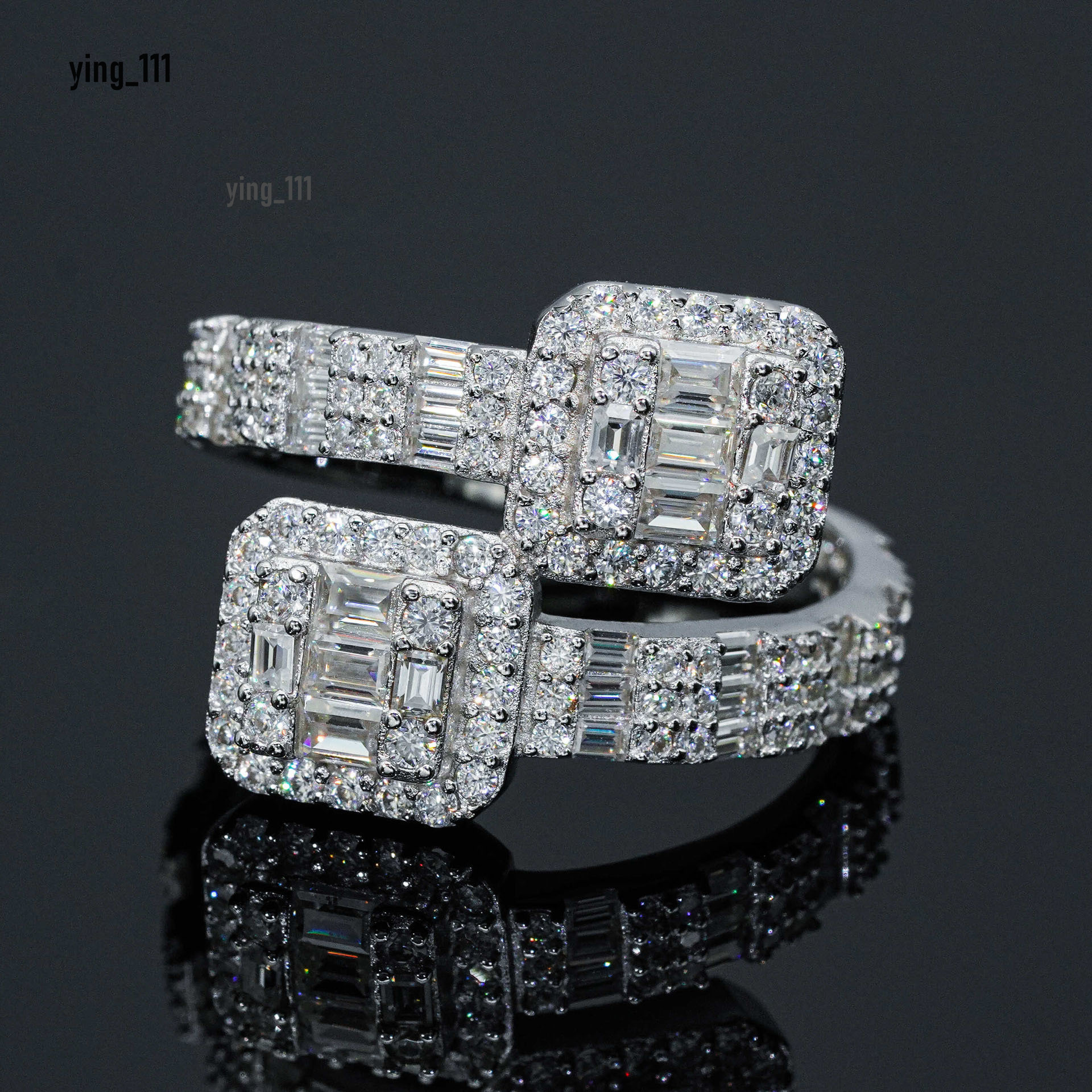 Ladder square Sterling Silver Inlaid Moissanite Diamond Ring Hip Hop High-end Jewelry Mens Ring