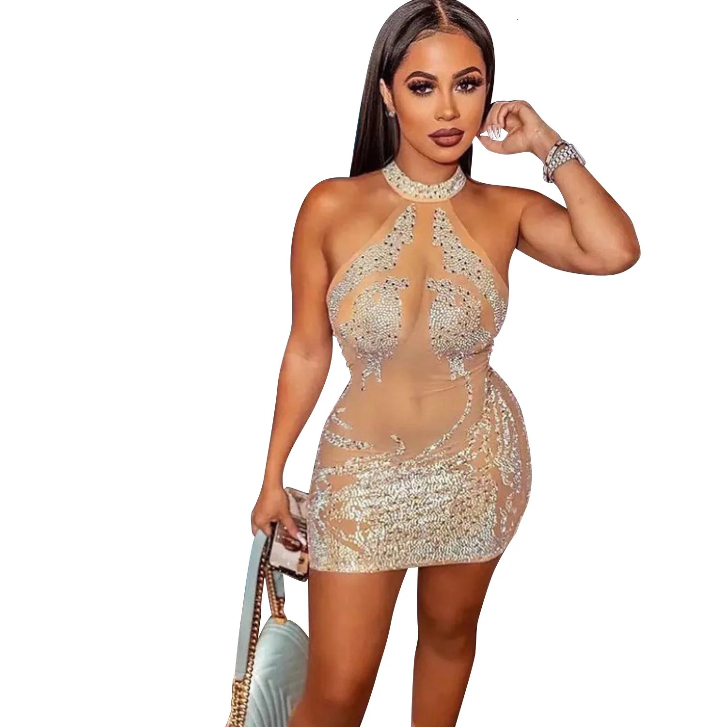 Sexy Mesh Diamond Short Ball Evening Mini Dress See Through Womens Nightclub Party Diamond Tight Dress 250403