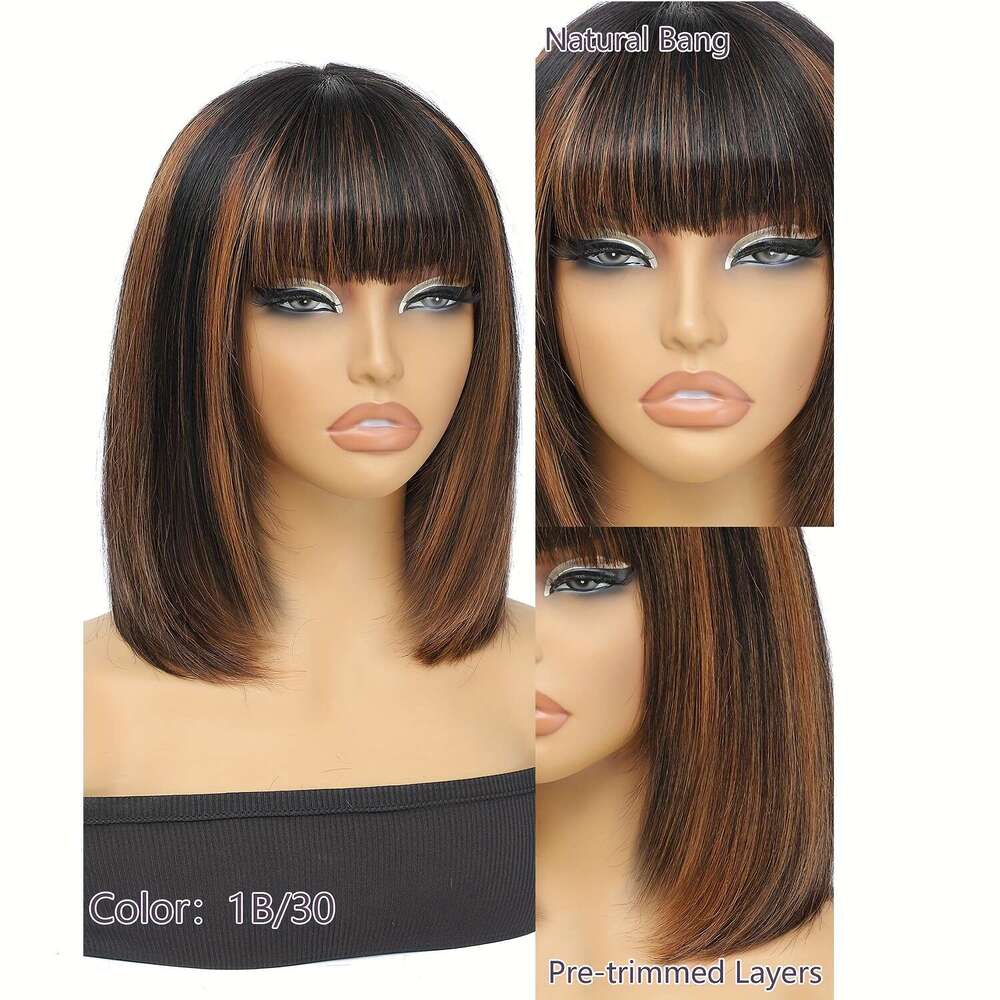 Highlight Color Wear And Go Short Straight Human Hair Wigs With Bangs Brazilian Remy For Women Natural Color Easy Part Lace Bob Wig