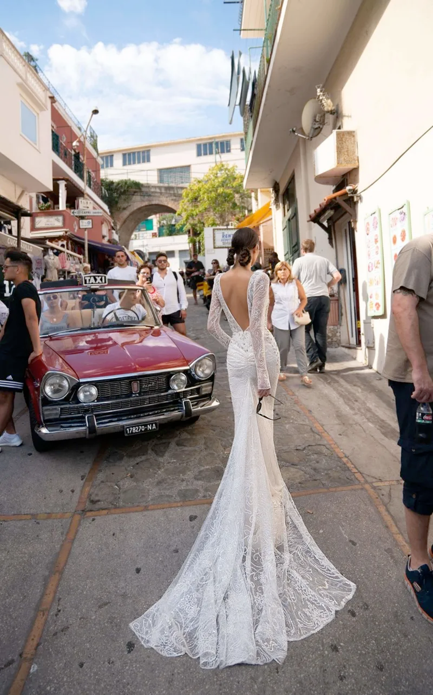 Inbal Dror 2025 Wedding Dress V Neck Sequined Lace Mermaid Bridal Gowns Long Sleeves Backless Beach Wedding Dress Custom