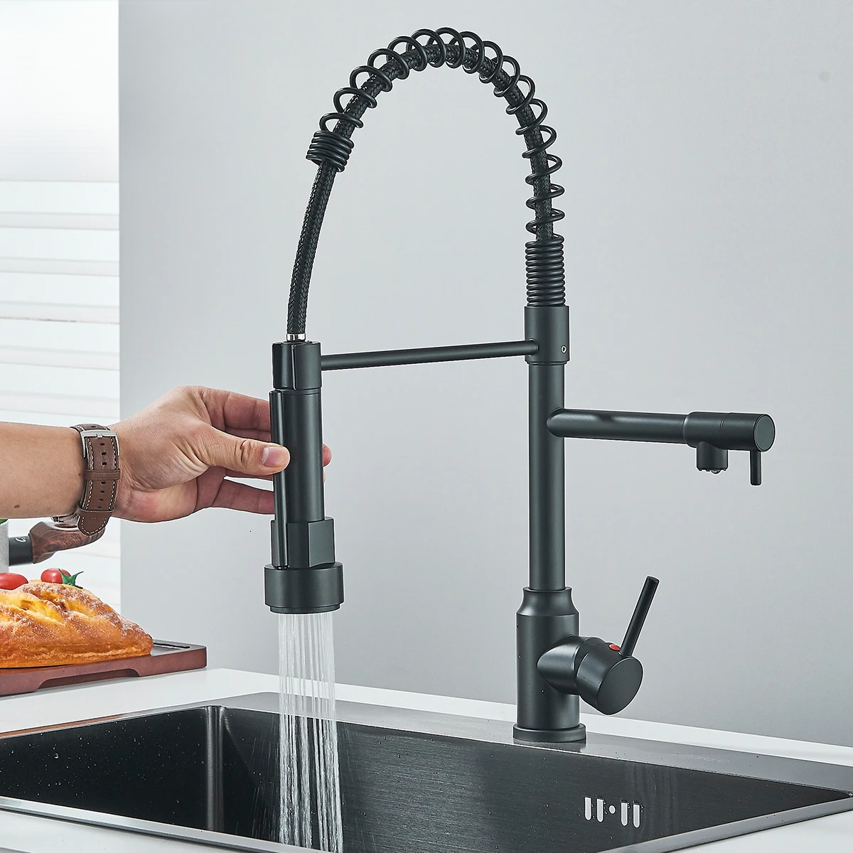 Pull Down Faucet Dual Spout Rotation Hot And Cold Water Mixer Tap Single Handle Deck Mounted Kitchen Sink Crane