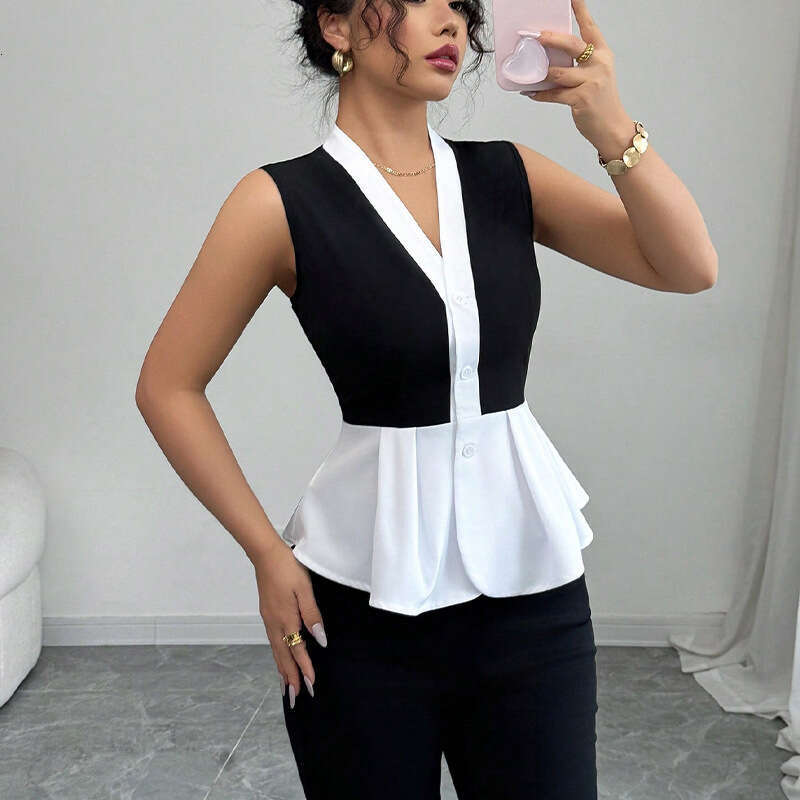 Cross-Border Wink Amazon Foreign Trade Sleeveless 2025 Summer European and American Commuting Style Fake Two-Piece Cardigan Shirt for Women