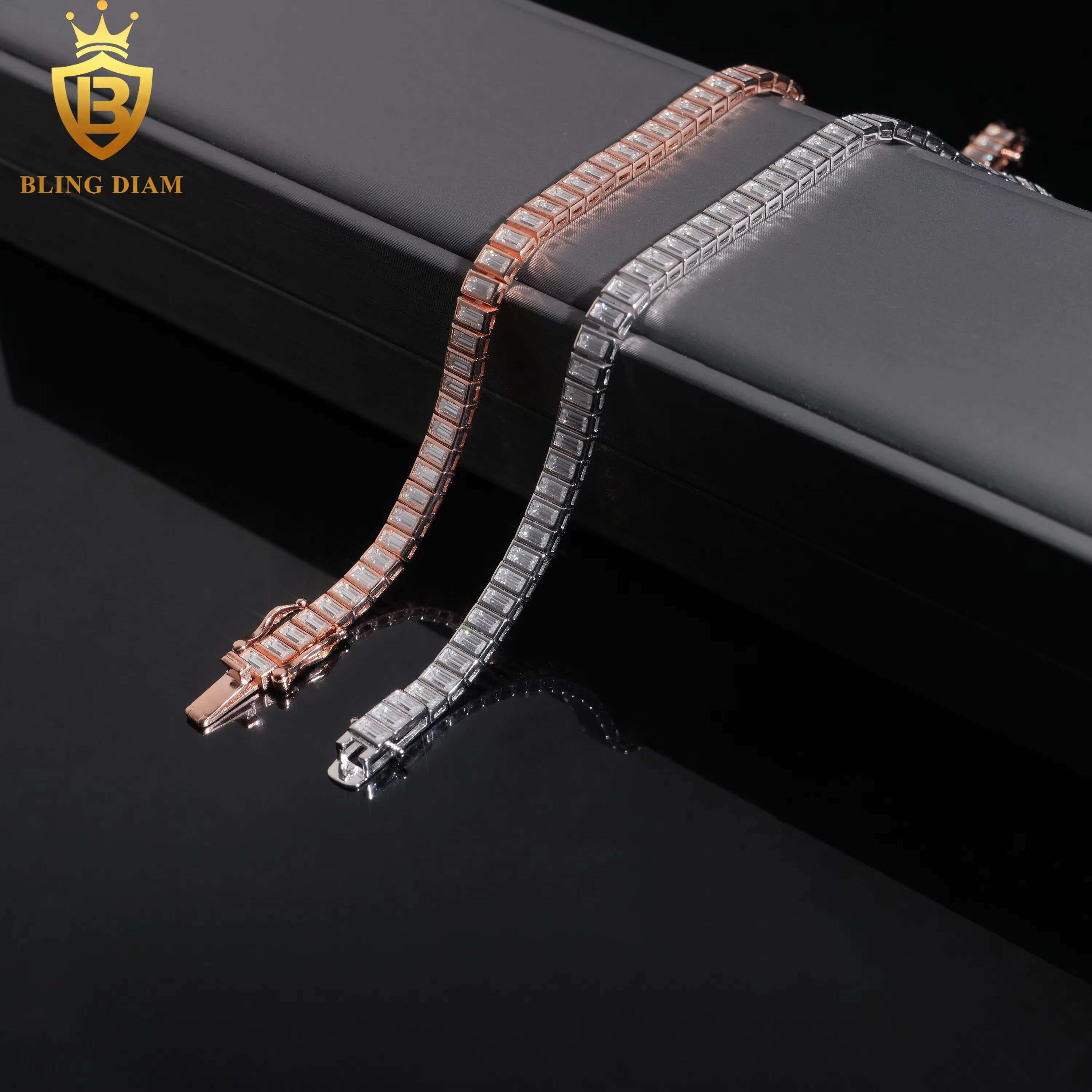 Fashion Jewelry 925 Sterling Silver VVS Moissanite Emerald 2x4mm Tennis Chain Bezel Bracelet