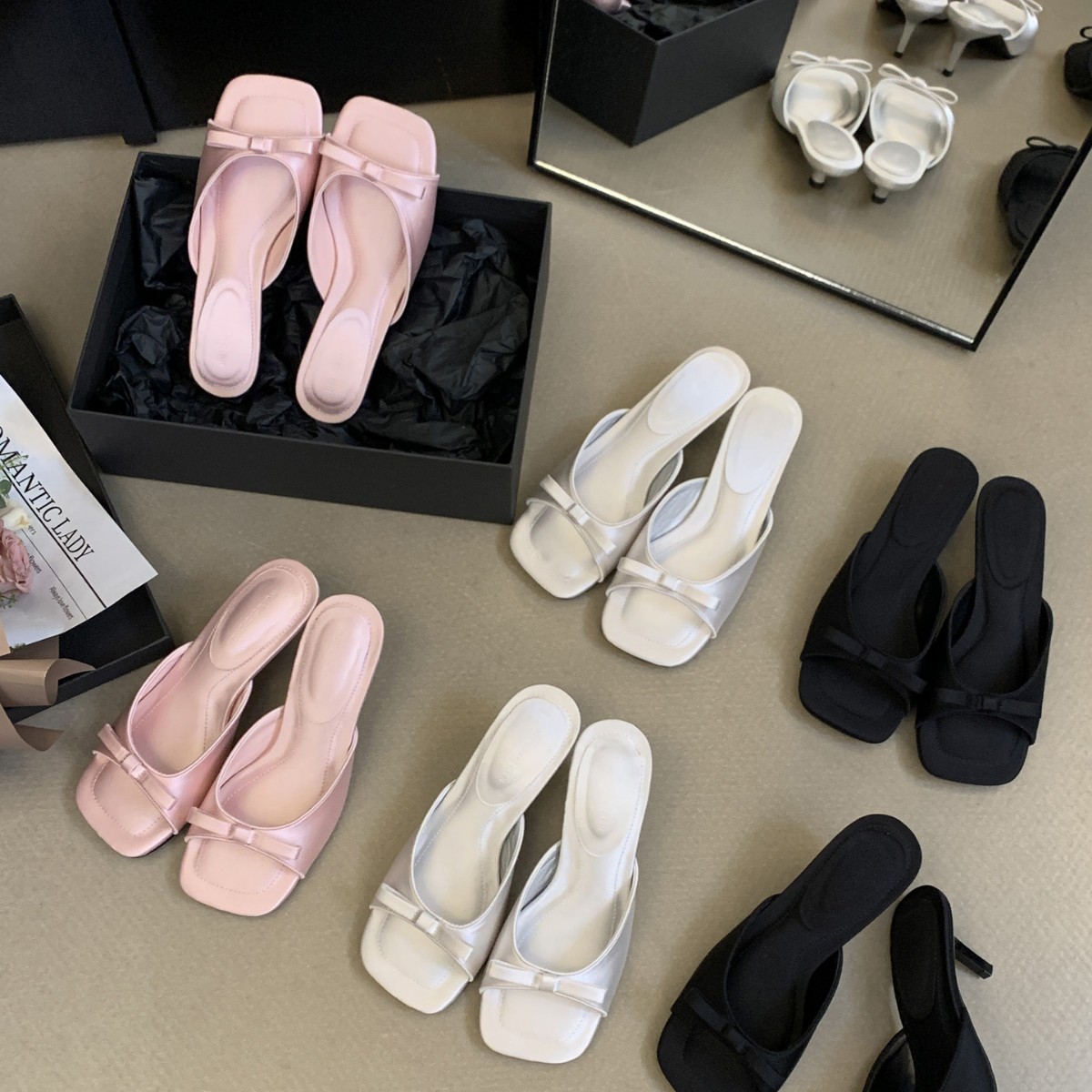 new Free delivery high heels Fashionable commuting solid color bow square toe open toe slim heel high heels