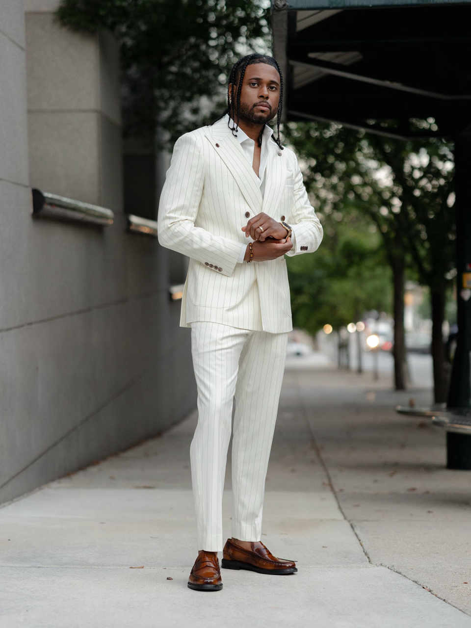 Formal Man Tuxedos Pinstripe 2 Piece Set Jacket Pants Men Suit Peaked Lapel Double Breasted Wedding Groom Coat Customized