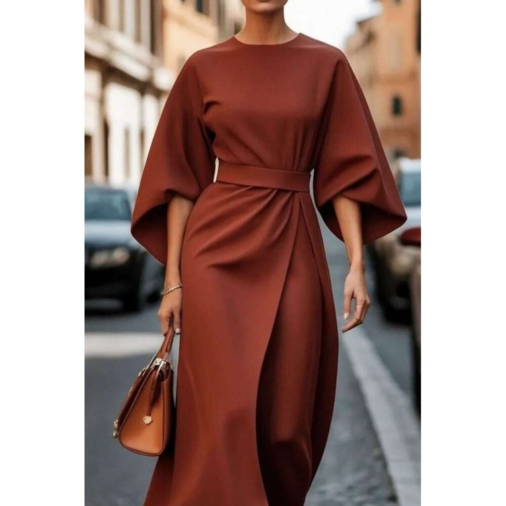 2025 Foreign Trade Women's European and American Cross-Border Fashion Elegant Solid Color Waist-Cinching Casual Batwing Sleeve Long Dress