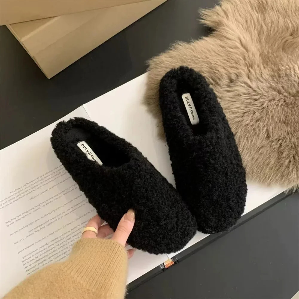 Fleeces Solid Color Furry Slippers Women Baotou Fur Flip Flops Woman Sliders Flat with Slides Warm Slippers Indoor Shoe 251107
