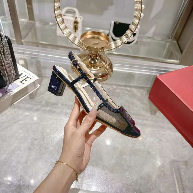 2025 New Version Chunky Color Block Metal Buckle Closed Square Toe Mesh Backless High Heel Sandals Patent Leather Women