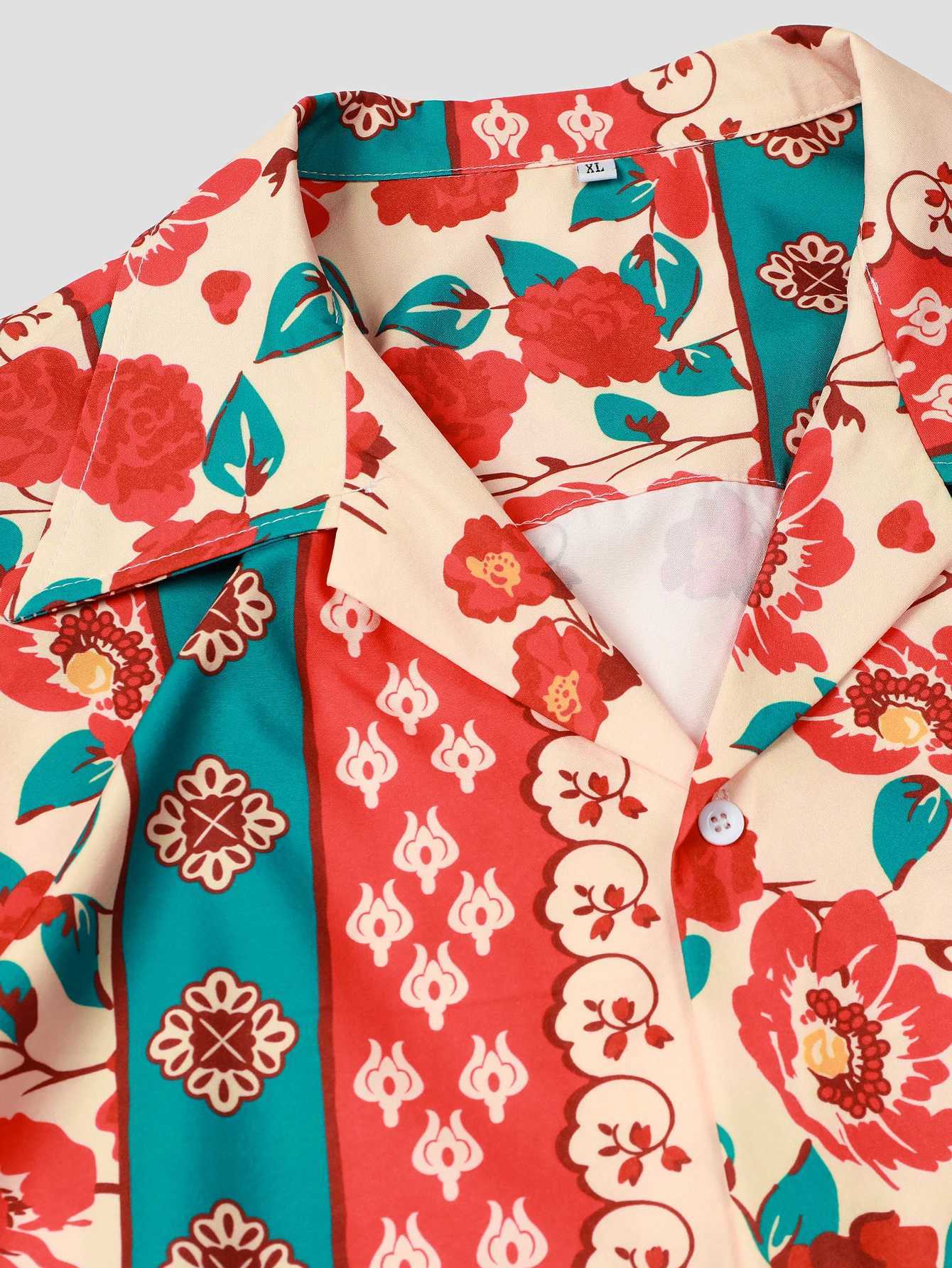 Mens Hawaiian shirt - bright floral pattern short sleeves buttons summer casual beachwear X250410