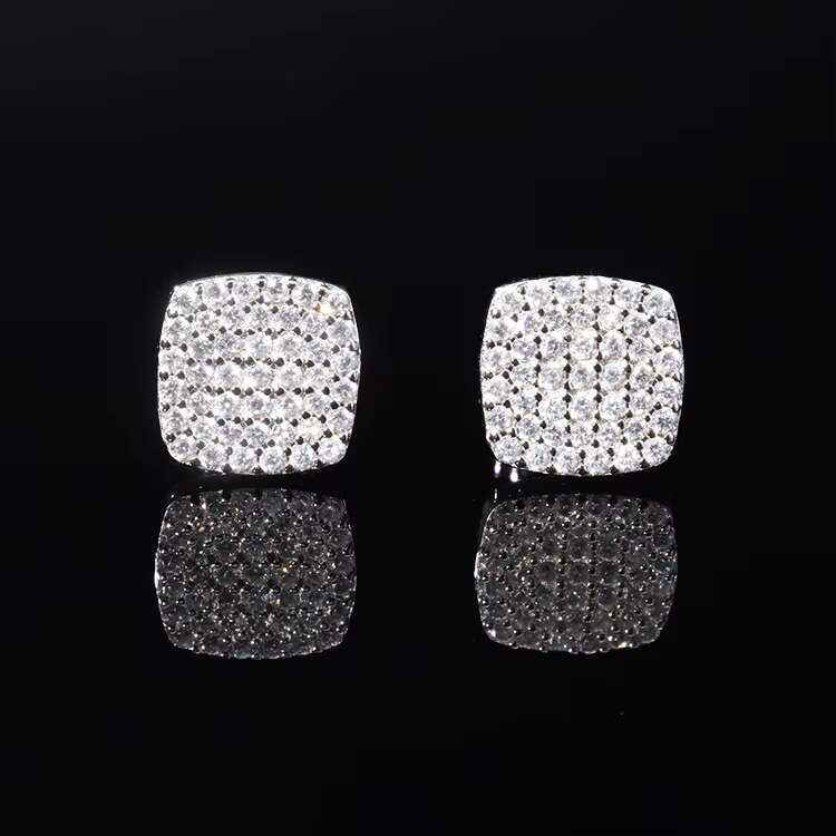 RTS Fashion Moissanite Earrings Square Style 925 Sterling Silver Round Moissanite Stud Earrings for Mans Women