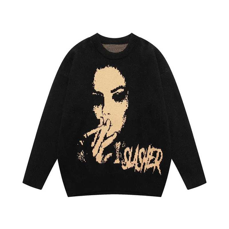 Fashion Vintage Knitted Sweater Aesthetics Harajuku Autumn Knitted Women Oversized Sweater Streetwear Portrait Print Pullover y2k Y251110