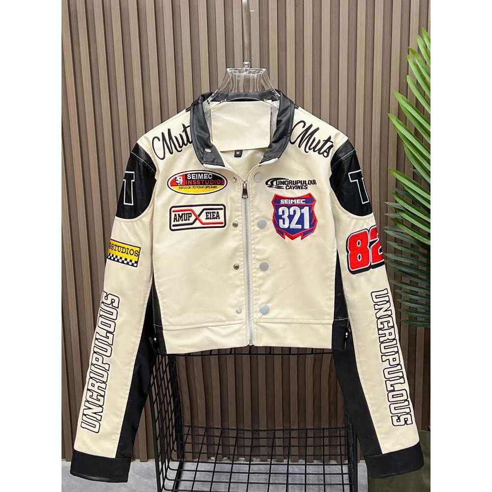 Retro Embroidery Motorcycle Cropped Varsity Jackets Women 2025 Spring PU Faux Leather Racing Baseball Short Coat Female Outwears