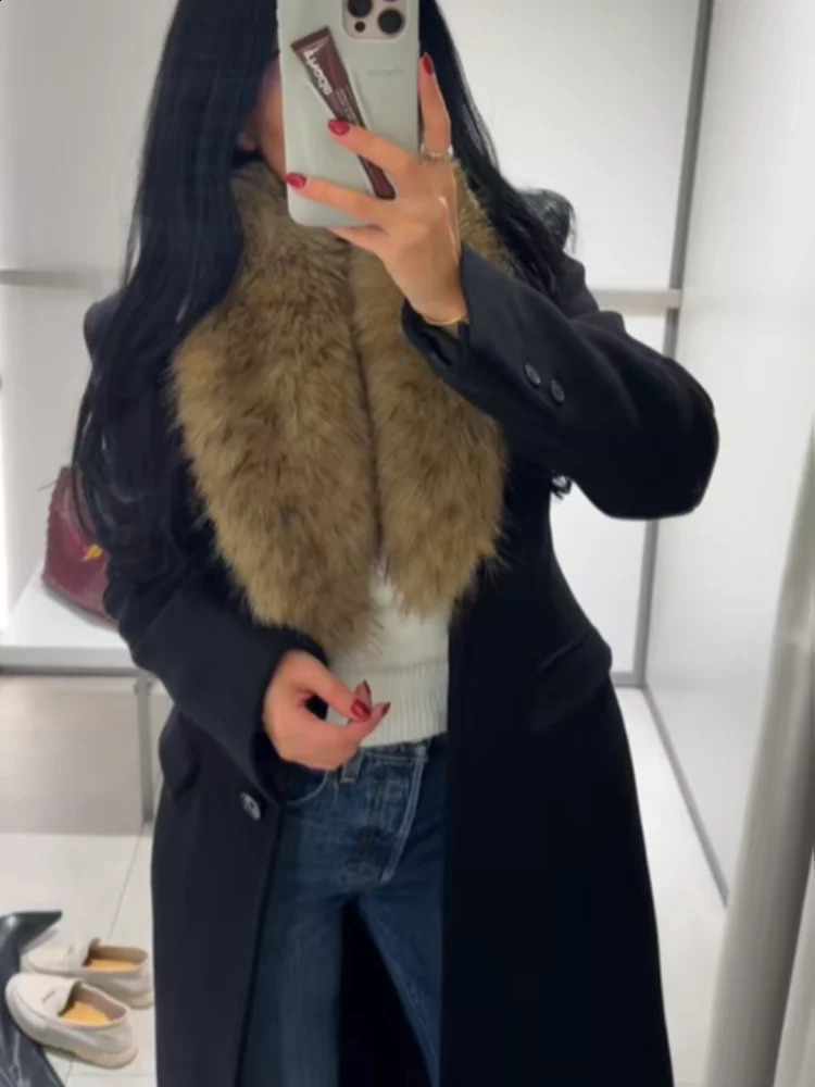 Detachable Fur Collar Woolen Overcoat Women Solid Lapel Waist Cinching Full Sleeve Long Coats 2025 Lady Commute Street Wear 251105