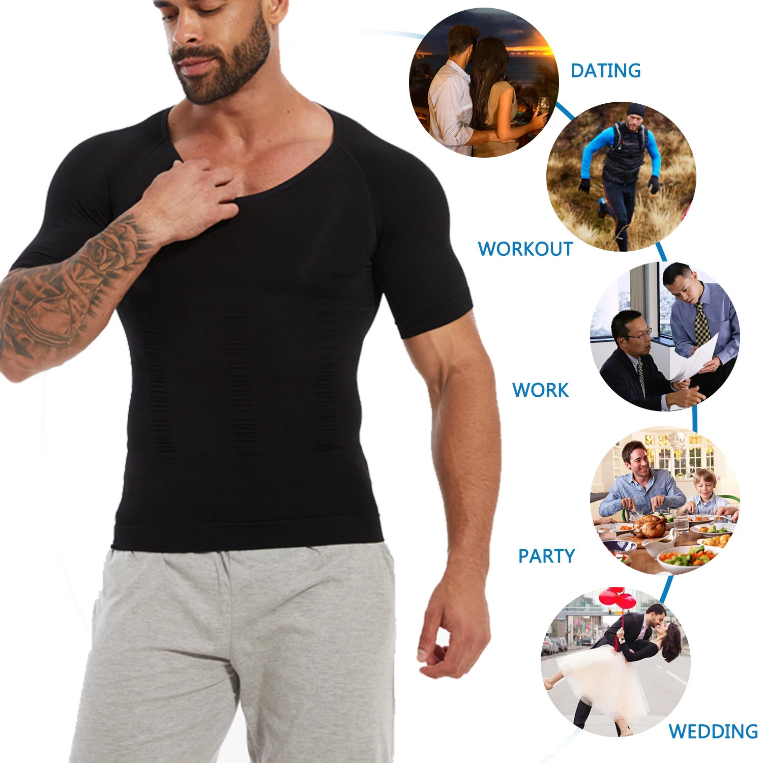 Mens Short Sleeve Compression T-Shirt V-neck Shapewear Tummy Control Flat Belly Tank Top Fitness Workout Slimming Body Shaper 250409