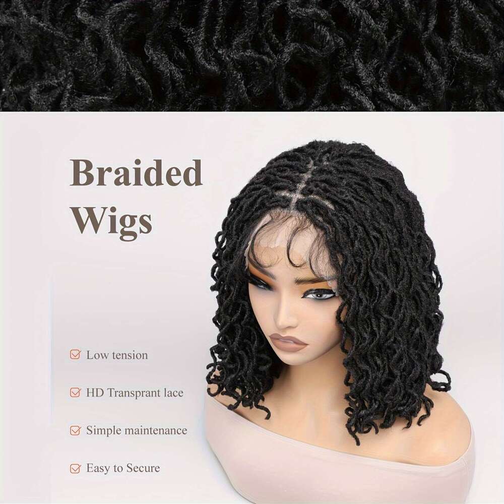 Full Lace Faux Locs Short Afro Curly Dreadlock Wig Glueless Knotless Box Braids Flame Retardant Lightweight + Pre-Plucked Hairline Natural Fluffy For 