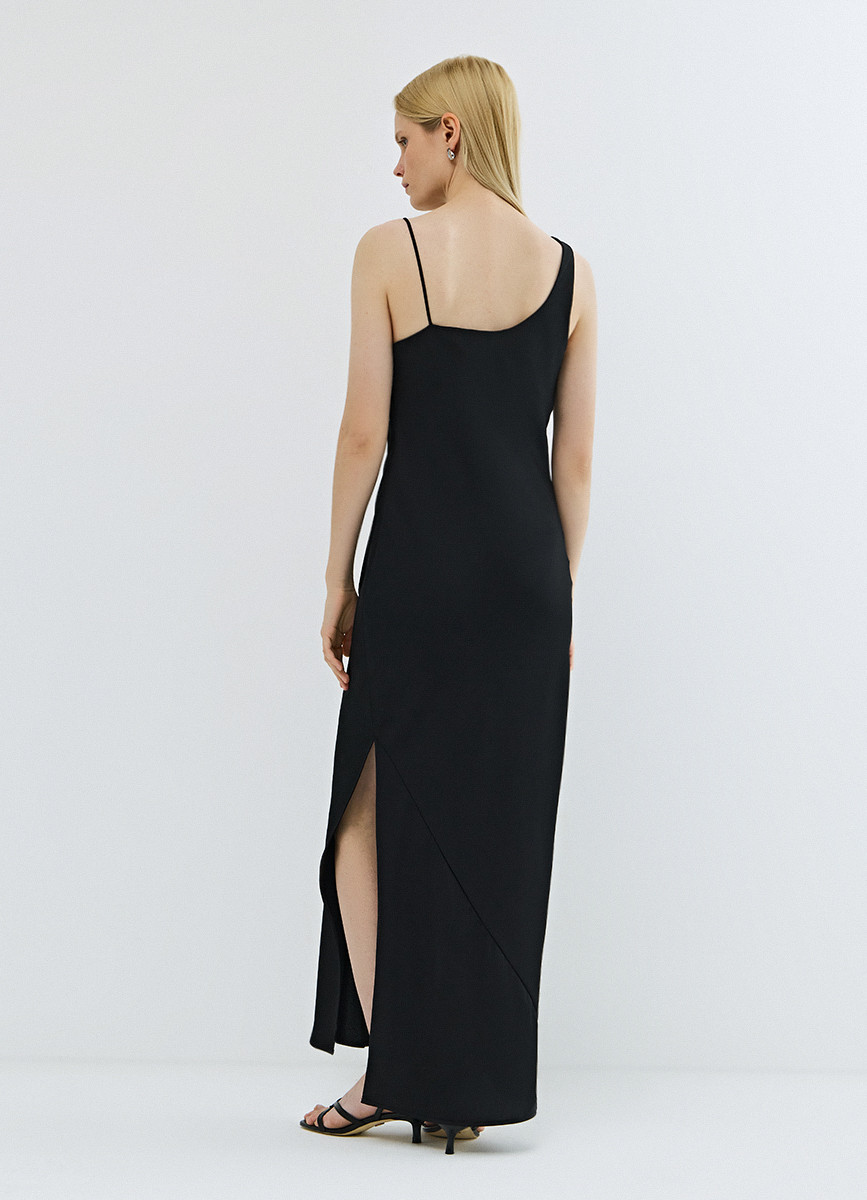 Women's Black Asymmetrical Neck Sleeveless Dress, Fitted Maxi Length Hidden Zipper Gown
