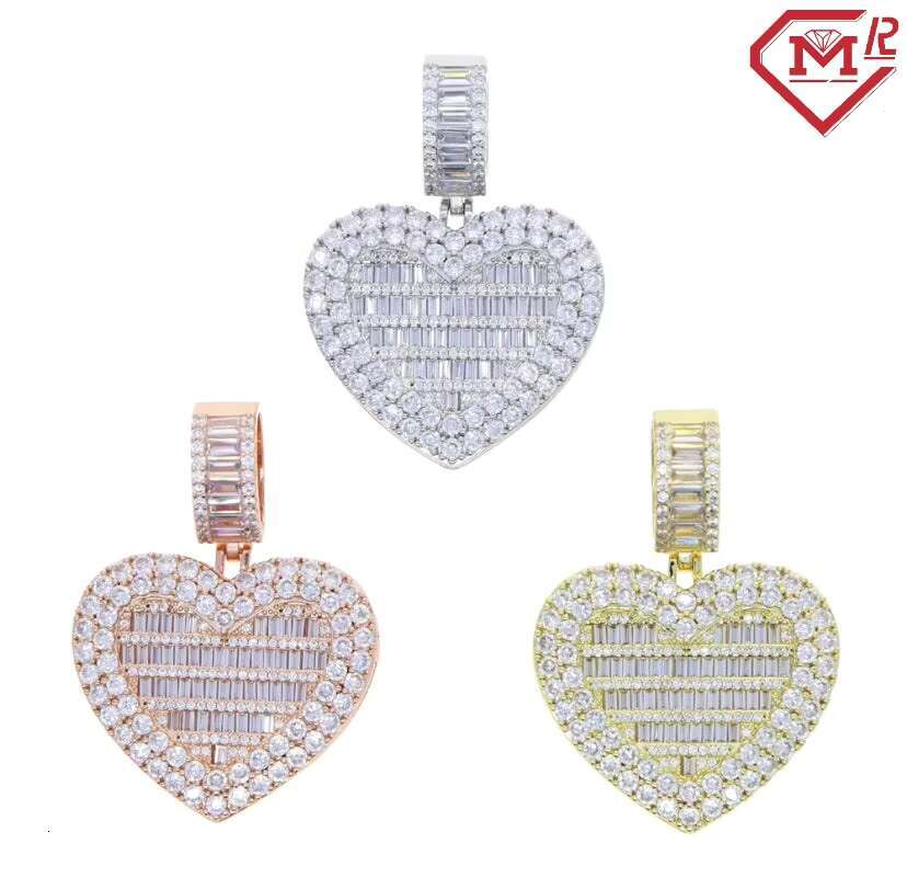 Vvs Iced Out Moissanite Pendant Custom Heart Baguette Hiphop Charm 925 Silver Moissanite Pendant