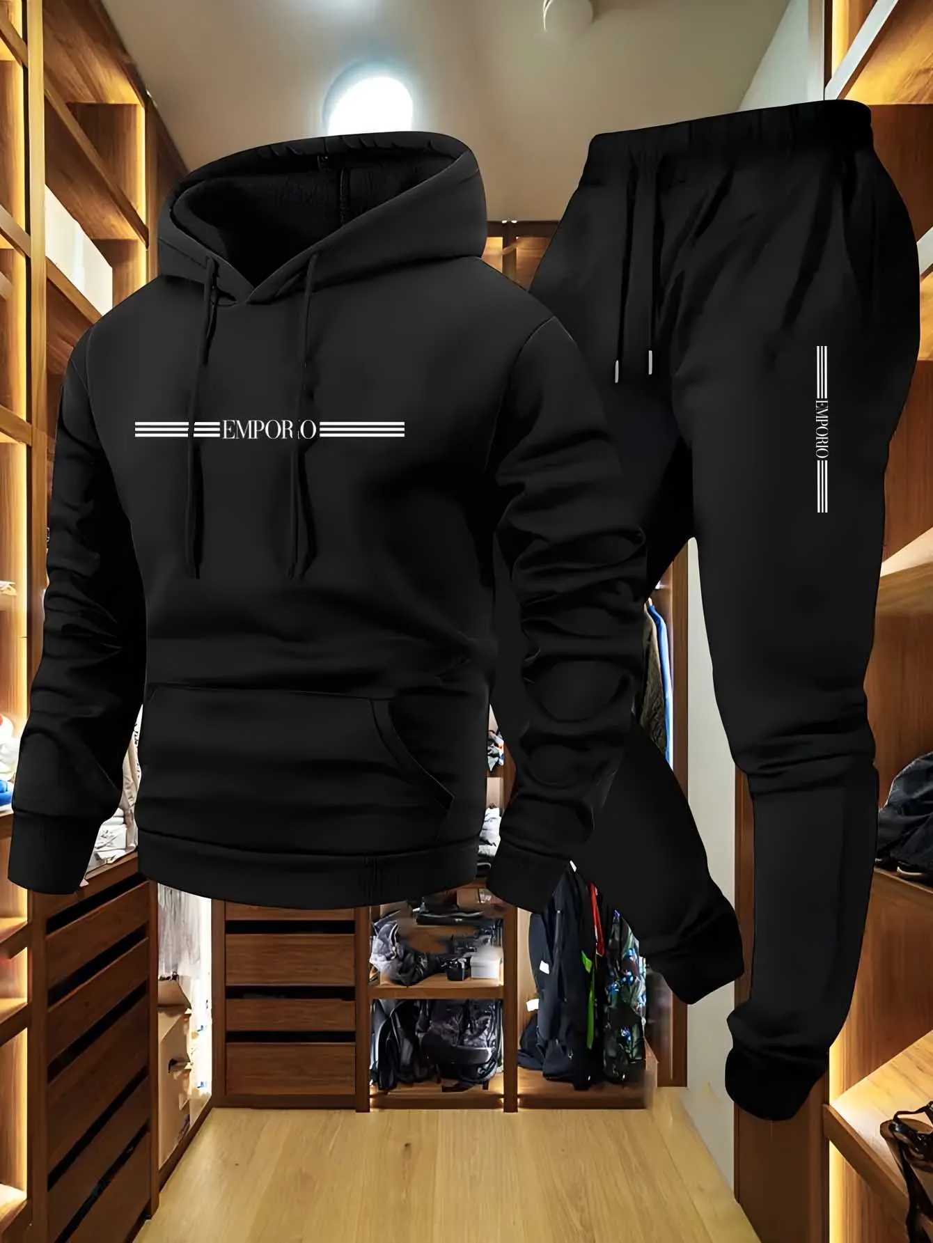 New mens thick hooded sweatshirt with printed loose trendy sportswear set W251110