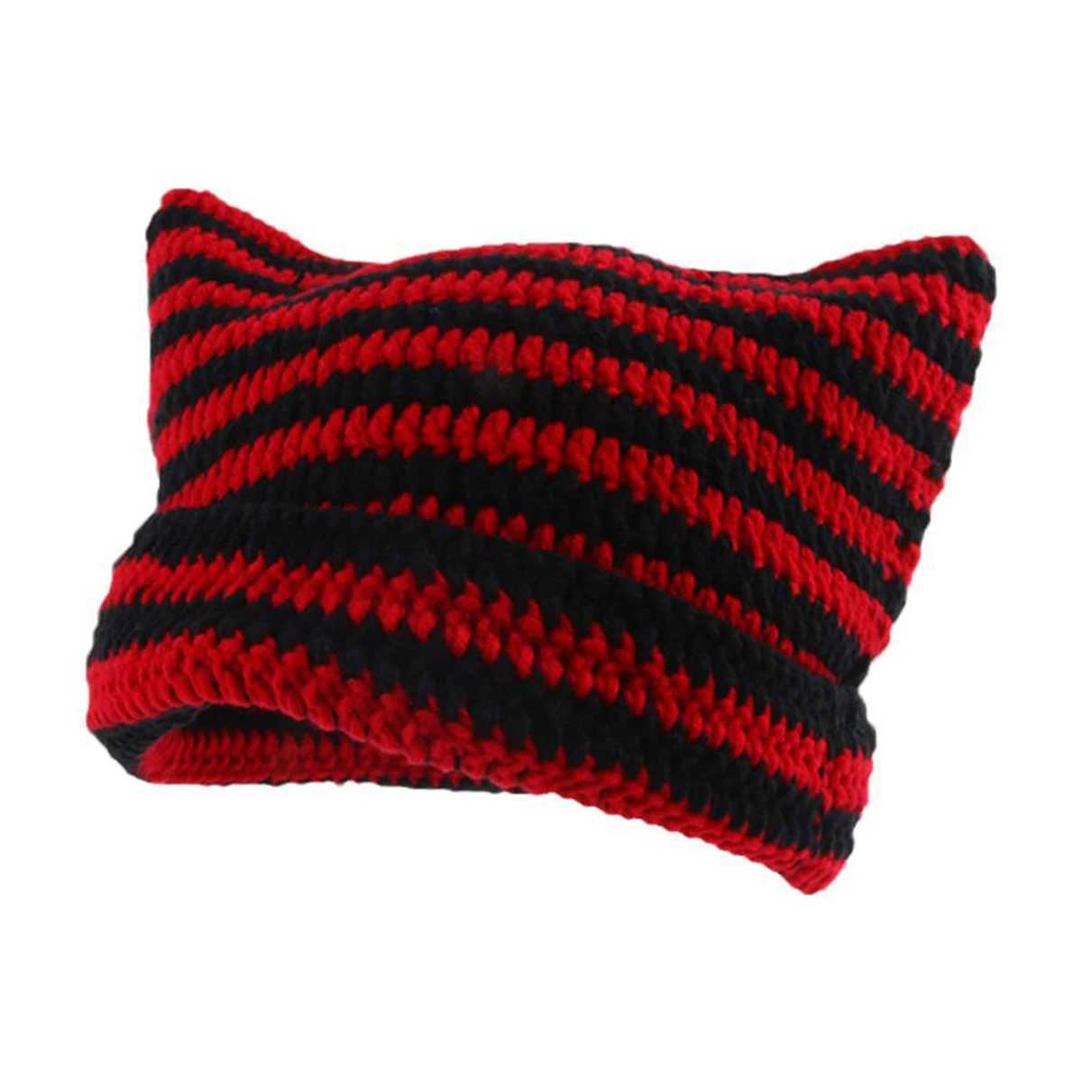 Cute Cat Ears Beanie Hats for Women Winter Striped Korean Punk Gothic Y2K Wool Knitted Streetwear Handmade Crochet Bucket CapXJ251110