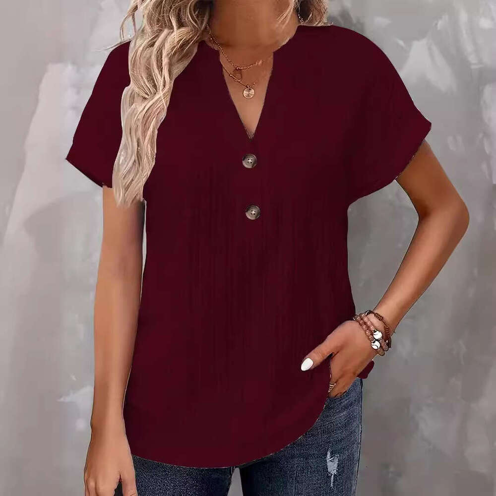 2024 Spring Summer European and American Cross-Border Amazon Independent Station New Women's Fashion Casual Solid Color Button V-Neck T-Shirt for