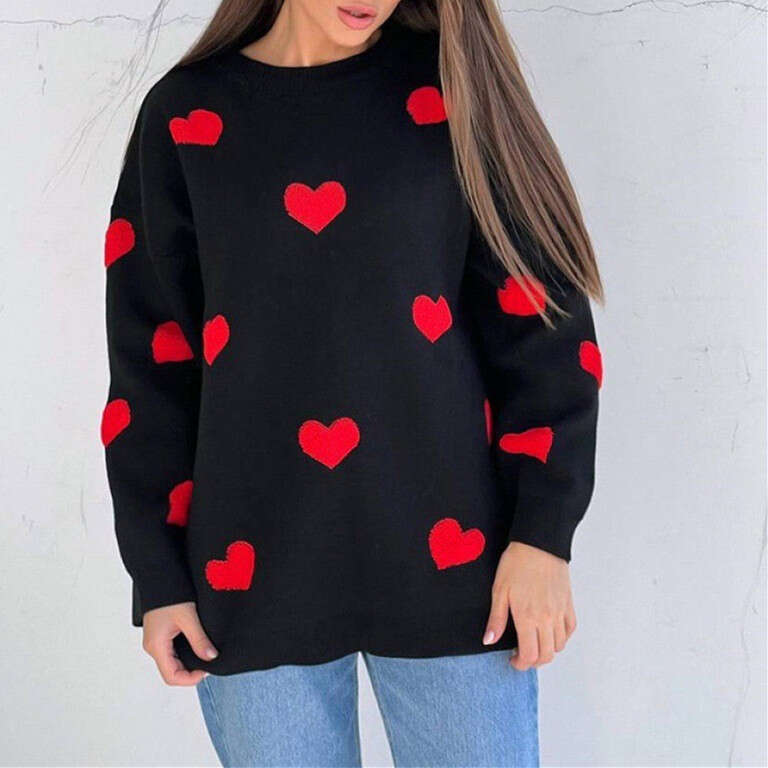 Heart Jacquard Round Neck Autumn Winter Sweater for Women Cross-Border Wholesale European and American 2025 Loose Casual Thickened Knitted Top