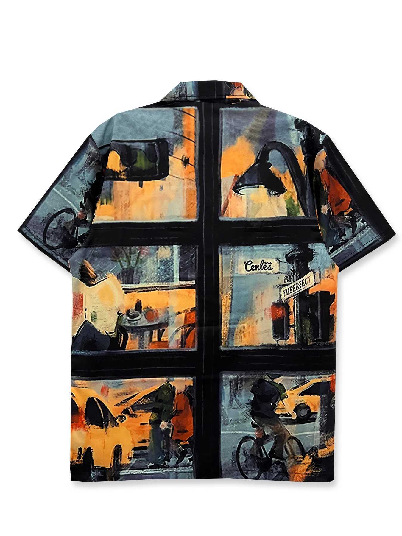Mens casual printed shirt front button polyester short sLeeved shirt summer evening streetlight and scene X250410