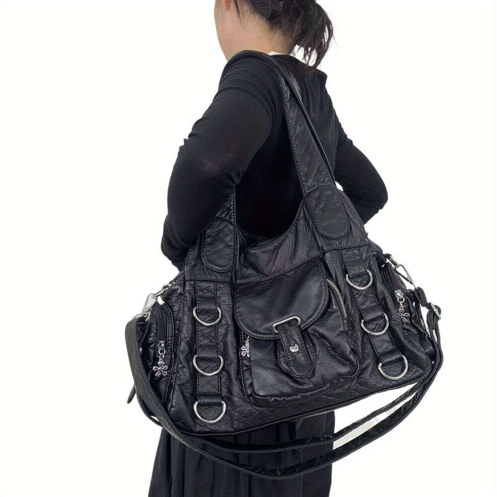 Women Retro Motorcycle Inspired Handbag Large Capacity Multi Pocket Crossbody Handbag With Detachable Strap, Golden Tone Hardware White