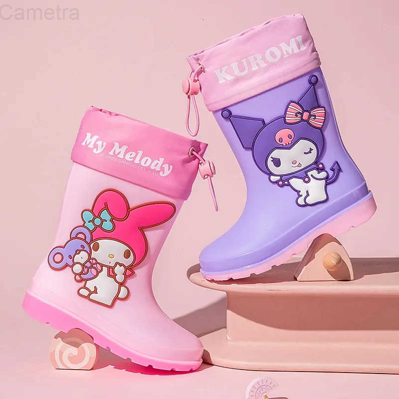 Sanrio New Water Proof with Drawstring Beam Mouth Sanrios My Melody Kuromi Child Middle Tube Rain Boots Girl Student Rubber Boots H251110