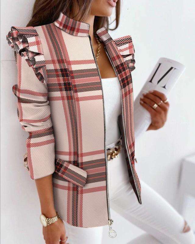 2025 Independent Station Wish Amazon Hot Item Autumn Winter Ruffled Long Sleeve Zipper Printed Blazer Jacket for Women