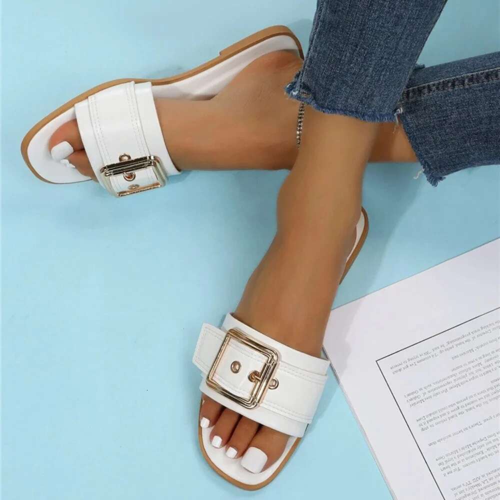 Personality New Slides Buckle Open Toe Wear-resistant Office White Flat Slippers Summer Sandy Beach Sandals Women Shoes