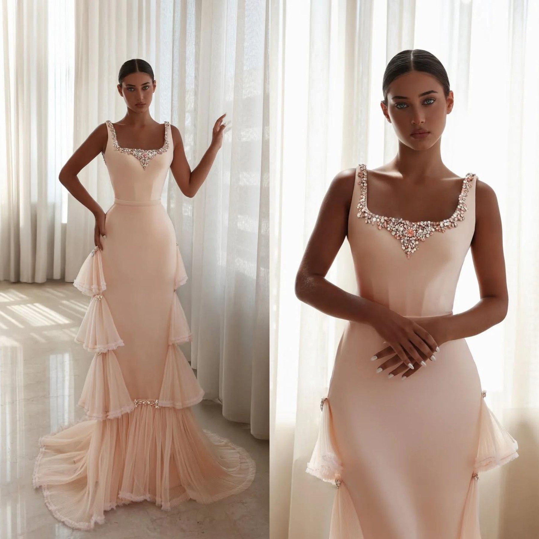 Designer Evening Dresses For Women Crystal Appliques Gown Jewel Neck Sleeveless Ruffles Sweep Train Dress Party Custom Made