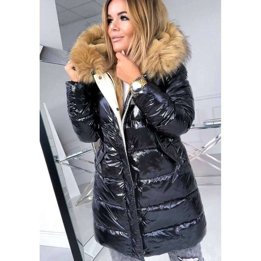 Casual Keep Warm Women Solid Color Glossy Zipper Fur Collar Overcoats Jackets Coat Outwear Parkas Coats