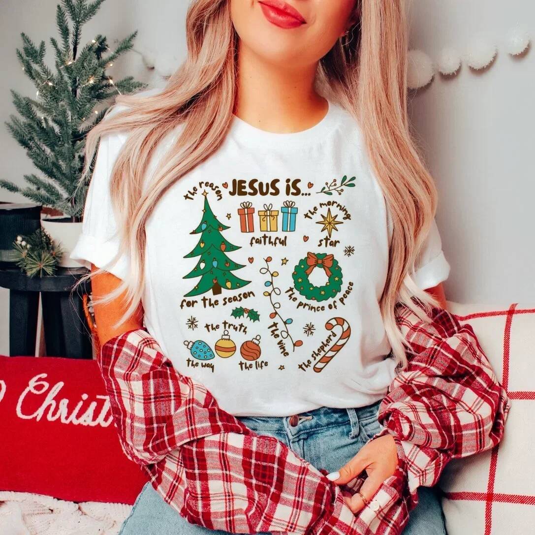 Ddmytues Christmas Jesus Is Reason For The Season Religious Women's Printed Short Sleeve Casual 90S Fashion Pattern Top T-Shi